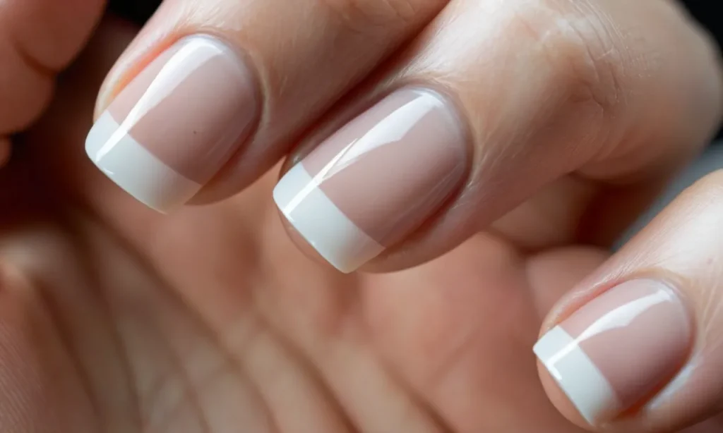 A close-up shot capturing a flawless French manicure on elegantly long nails, showcasing the perfect blend of nude base, pristine white tips, and a subtle glossy finish.
