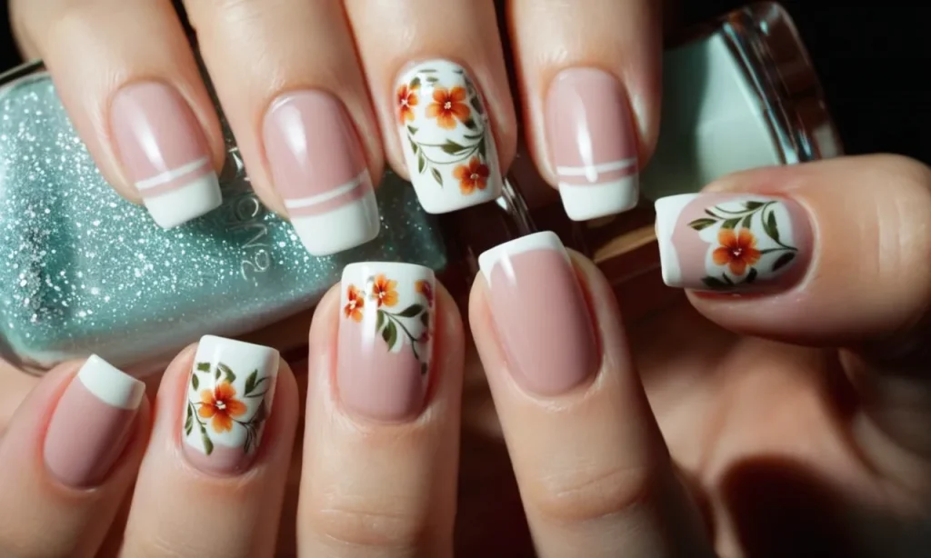 A close-up shot of a hand displaying a perfectly executed French manicure. One nail on each hand stands out with a delicate floral design, adding an elegant and feminine touch.