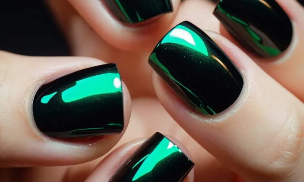 A close-up shot captures a pair of elegant hands adorned with glossy green and black acrylic nails, their glossy finish reflecting light and exuding a captivating allure.
