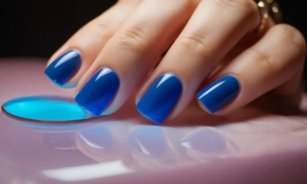A close-up shot of a hand with perfectly manicured gel nails, bathed in the soft glow of a UV lamp, capturing the moment of patience and precision required for a flawless finish.