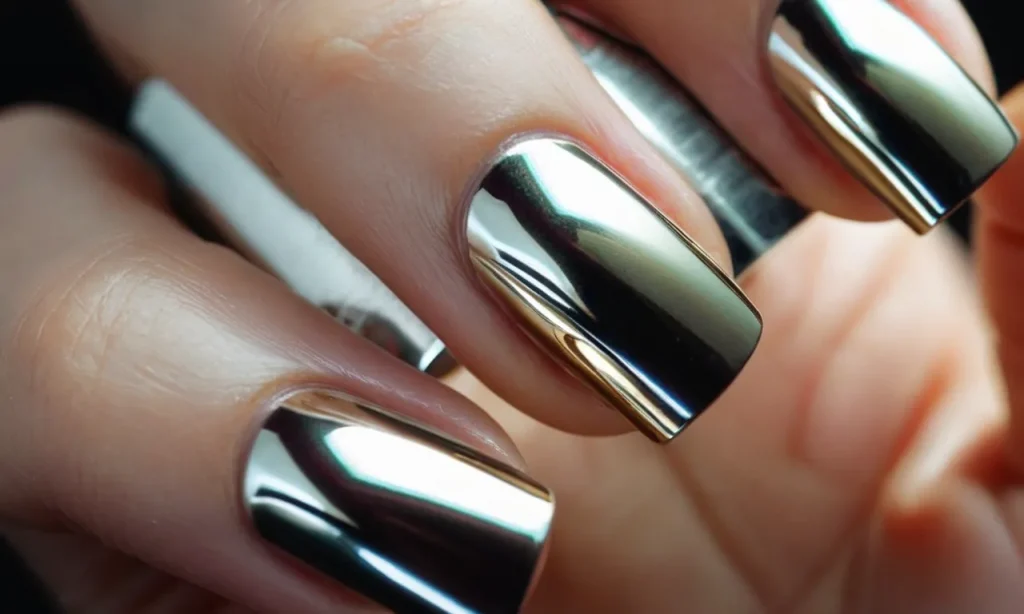 A close-up shot of a hand showcasing a sleek and shiny chrome nail design, depicting elegance and sophistication.