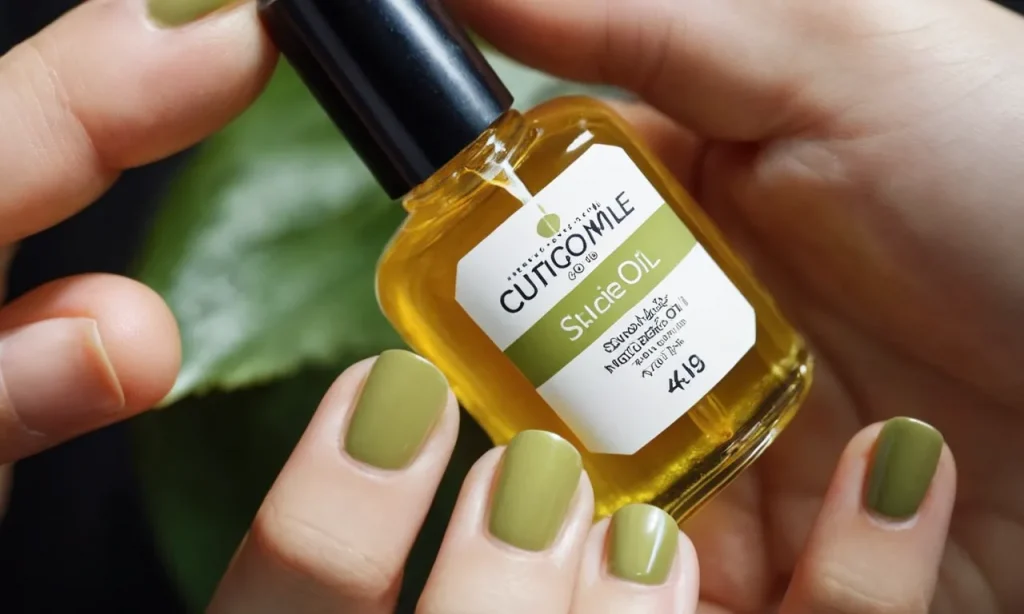 A close-up shot of a well-manicured hand holding a bottle of cuticle oil, showcasing the product's importance in maintaining healthy and moisturized cuticles.