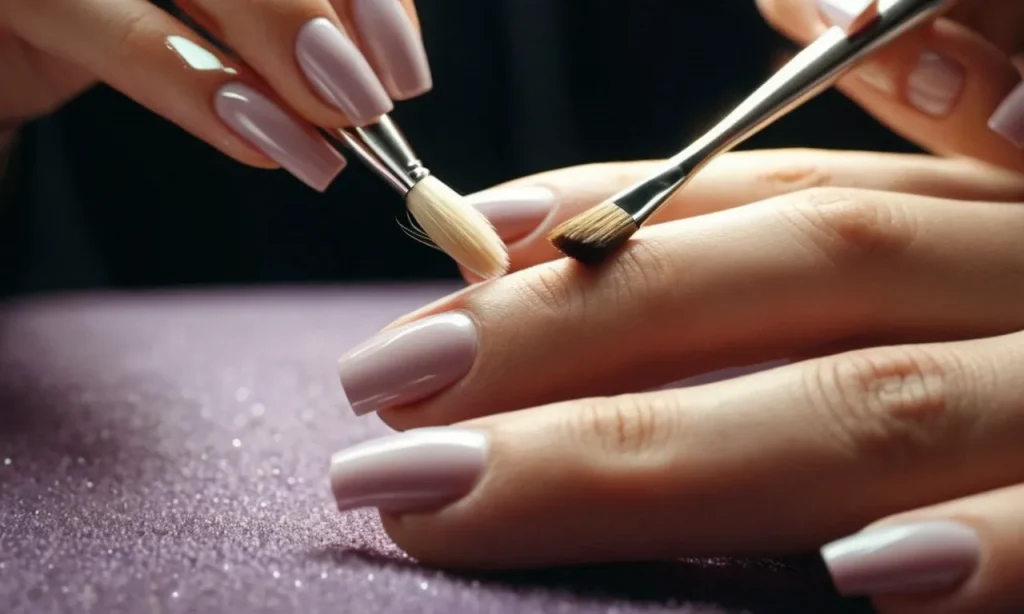 A close-up photo captures a pair of hands delicately holding a small brush, gently cleaning the area underneath perfectly manicured acrylic nails, ensuring impeccable hygiene and maintaining their flawless appearance.