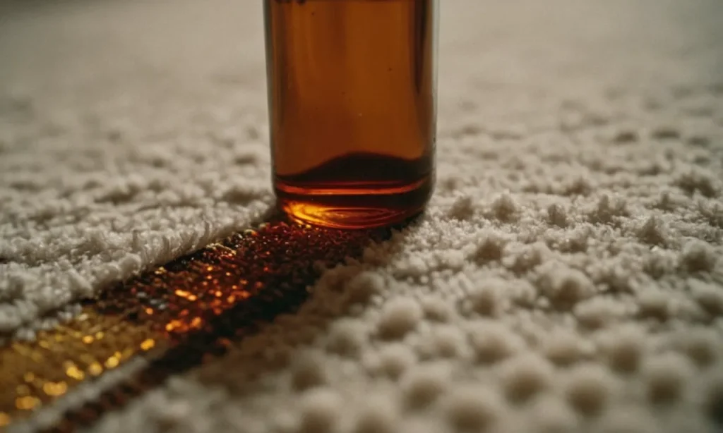 The photo captures a close-up shot of a carpet with a small, dried patch of nail glue. A hand holds a bottle of adhesive remover, ready to tackle the stubborn stain.