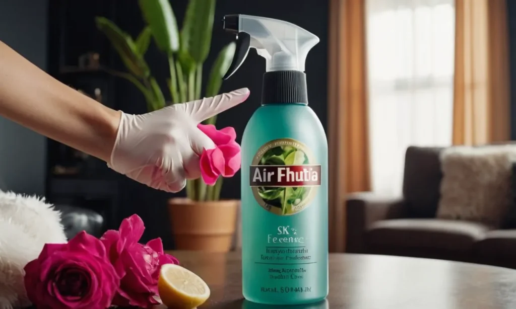 Close-up photo of a gloved hand holding a bottle of air freshener, spraying a fragrant mist into the air, effectively neutralizing the lingering smell of acrylic nails in a stylishly decorated living room.