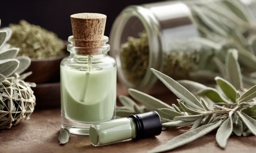 A close-up shot showcasing a delicate glass bottle filled with a custom-made sage green nail polish, surrounded by various dried sage leaves and a small mortar and pestle.