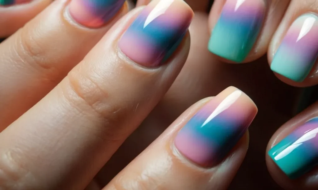 A close-up photo capturing a hand with meticulously painted nails in a vertical gradient pattern, creating an optical illusion that makes wide nails appear narrower and more elongated.