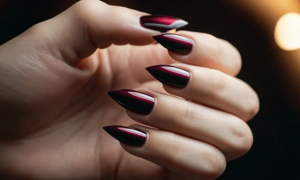 A close-up shot of a hand with perfectly manicured nails shaped into fierce, pointed claws, capturing the elegance and power they exude.