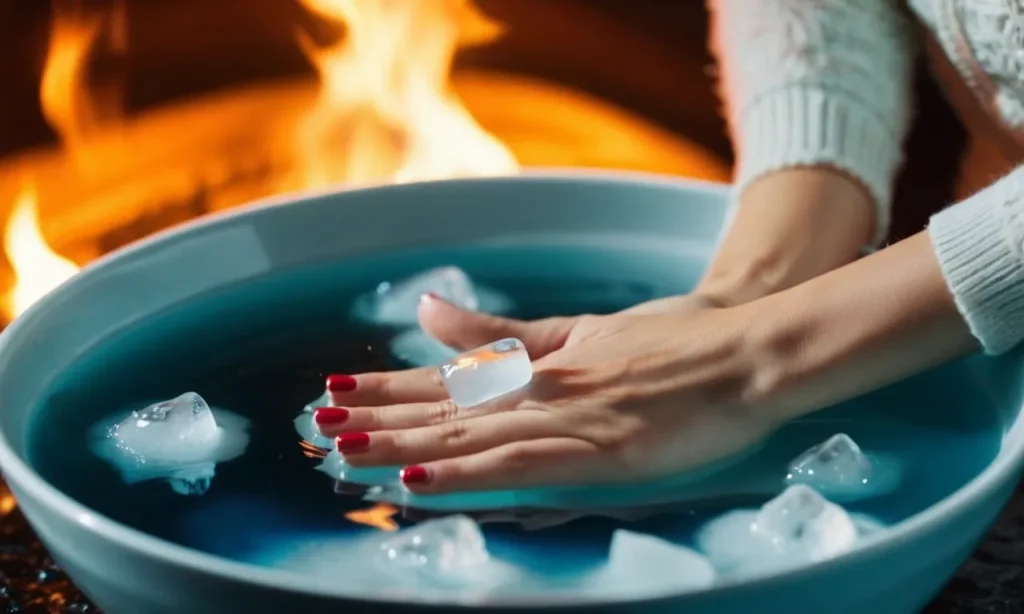 Close-up photo of a woman's hands submerged in a bowl of icy water, soothing the burning sensation caused by gel nails.