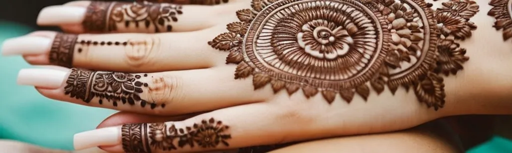 A close-up photo capturing a woman's hands adorned with delicate, vibrant henna designs, showcasing an alternative and natural option for nail decoration for those allergic to gel nails.